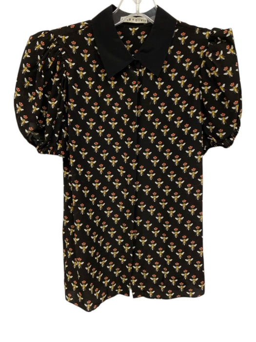 Alice + Olivia Size S Black Silk Button Up Puff Shoulders All Over Print Top Black / S