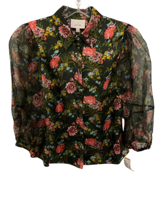 5a7 Cinq a Sept Size XS Black & Multi Polyester Sheer Sleeves Button Up Top Black & Multi / XS