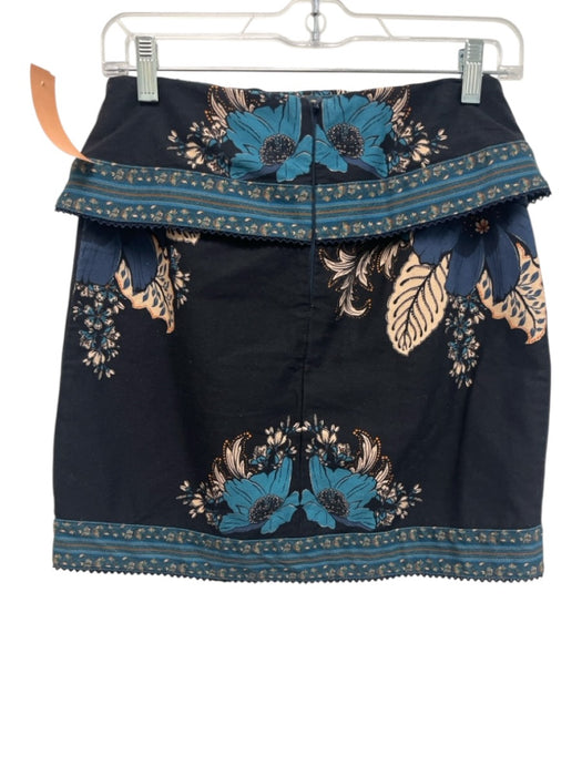Farm Rio Size 26 Black & Blue Cotton floral print Faux Wrap Mini Skirt Black & Blue / 26