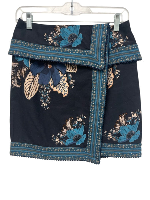 Farm Rio Size 26 Black & Blue Cotton floral print Faux Wrap Mini Skirt Black & Blue / 26