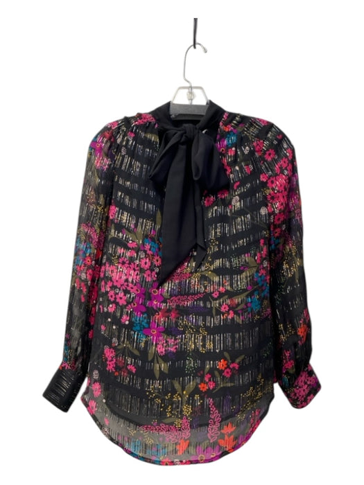 Trina Turk Size S Pink, Black & Blue Silk V Neck neck tie Metalic Blouse Pink, Black & Blue / S