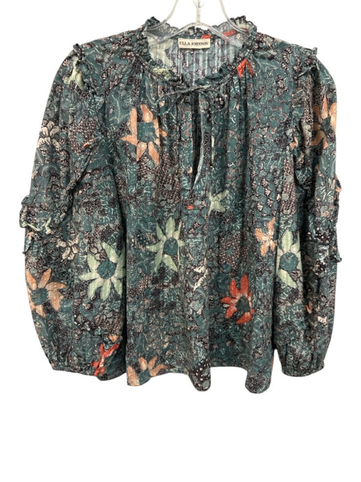 Ulla Johnson Size 4 Teal & Purple Cotton Blend Paisley Long Sleeve Floral Top Teal & Purple / 4