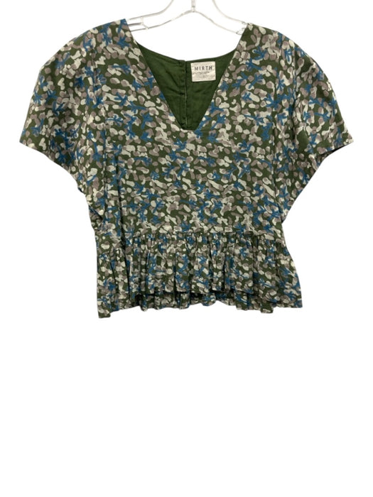 Mirth Size Small Green, Blue, Beige Cotton Blend Floral Ruffle Short Sleeve Top Green, Blue, Beige / Small