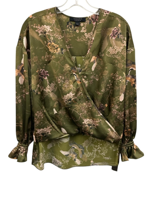 ALLSAINTS Size 4 Green & Beige Polyester Blend Floral Birds Long Sleeve Top Green & Beige / 4