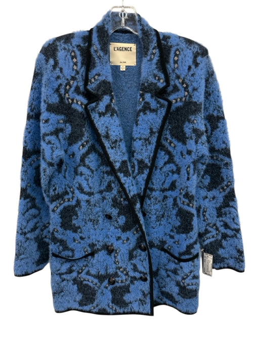 L'agence Size Small Blue & Black Print Nylon Blend Fuzzy Long Sleeve Jacket Blue & Black Print / Small