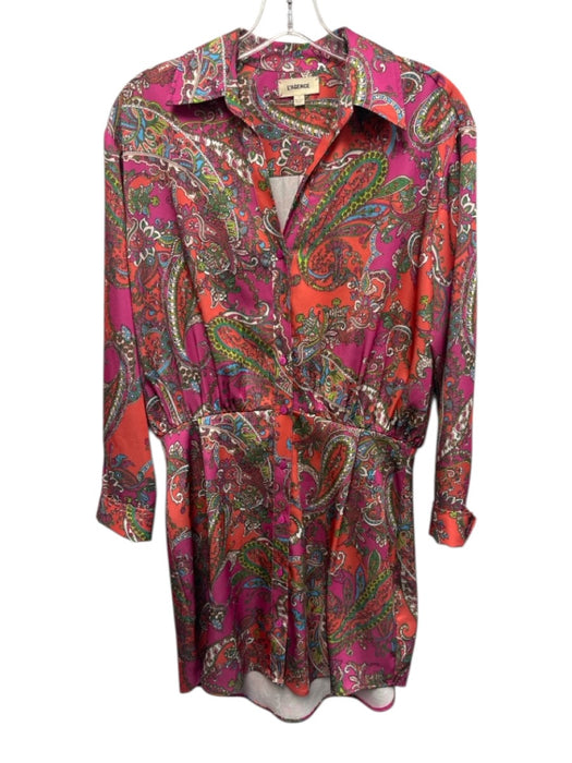 L'agence Size 4 Orange, Pink, Green Polyester Paisley Button Down Collared Dress Orange, Pink, Green / 4