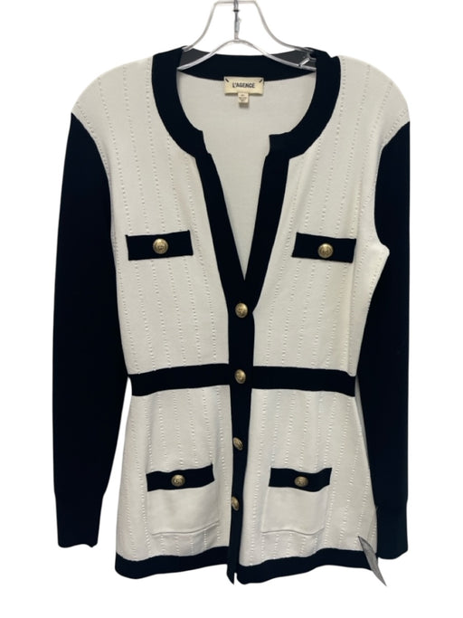 L'agence Size Small White & Black Rayon Blend Gold Buttons Color Block Cardigan White & Black / Small