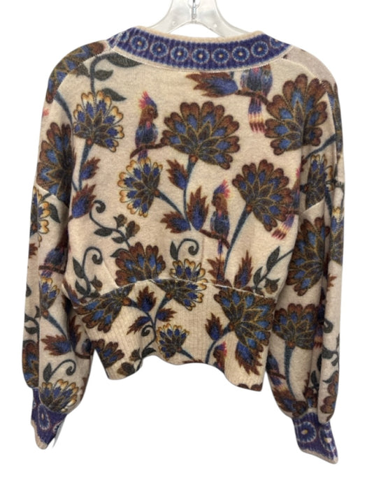 Farm Rio Size Small Cream, Purple, Brown Wool Blend Floral Knit Sweater Cardigan Cream, Purple, Brown / Small