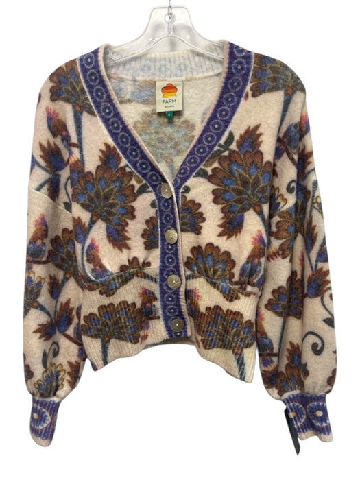 Farm Rio Size Small Cream, Purple, Brown Wool Blend Floral Knit Sweater Cardigan Cream, Purple, Brown / Small