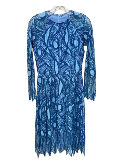 Jessie Liu Size S Blue Print Cotton Blend Lace Overlay Pleated Applique Dress Blue Print / S