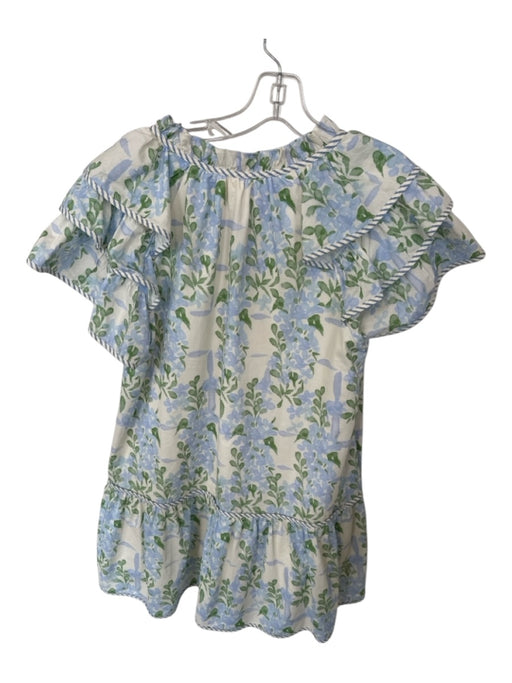 Entro Size M Green & Blue Cotton Short Sleeve Floral Ruffle collar V Neck Dress Green & Blue / M