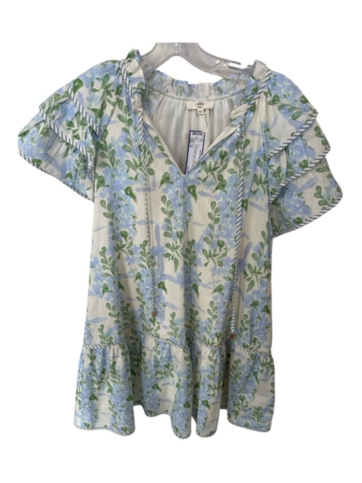 Entro Size M Green & Blue Cotton Short Sleeve Floral Ruffle collar V Neck Dress Green & Blue / M