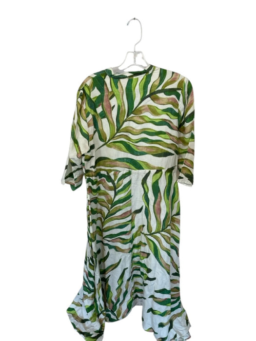Oliphant Size M Green & Cream Linen Quarter Button Leaves Cinched Waist Dress Green & Cream / M