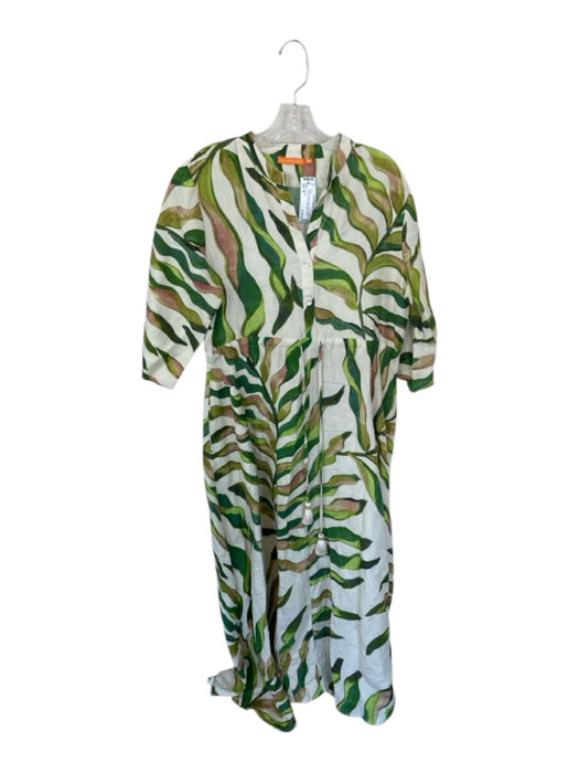 Oliphant Size M Green & Cream Linen Quarter Button Leaves Cinched Waist Dress Green & Cream / M