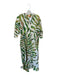 Oliphant Size M Green & Cream Linen Quarter Button Leaves Cinched Waist Dress Green & Cream / M
