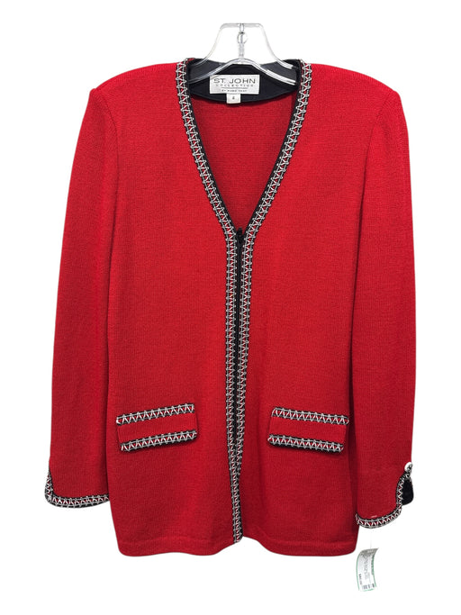 St John Size 4 Red & Black Wool Blend Knit contrast stitch Flap Pockets Cardigan Red & Black / 4