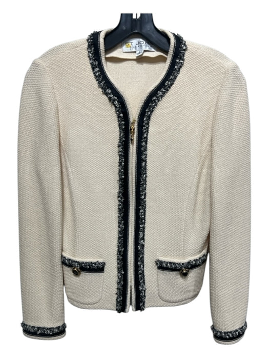 St John Collection Size 4 Cream & Black Wool Waffle Knit Zip Pockets Jacket Cream & Black / 4