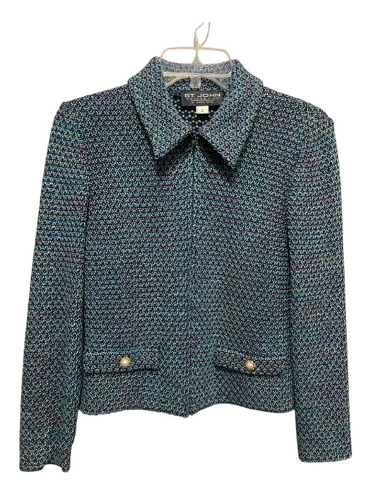 St John Collection Size 2 Blue & Multi Wool Blend Zip Collar Pearl detail Jacket Blue & Multi / 2