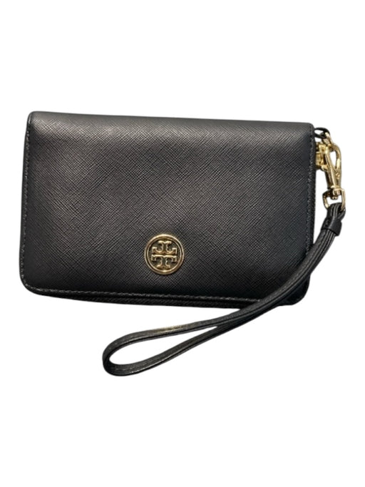 Tory Burch Black Leather Pebble Gold Hardware Wristlet Zip Wallets Black