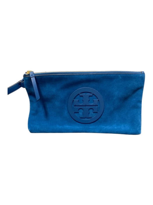 Tory Burch Blue Suede Logo Emblem Wristlet Gold Hardware Clutch Clutch Blue