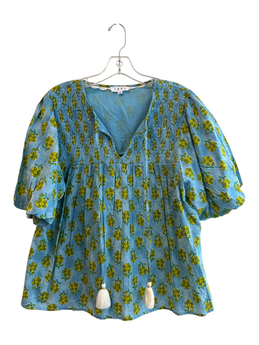 THML Size XL Blue & Yellow 100% Cotton Short Sleeve Floral V Neck Sherling Top Blue & Yellow / XL