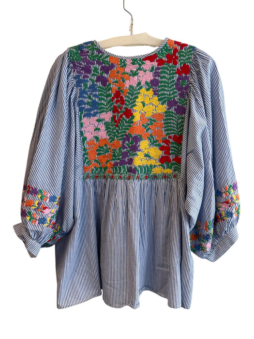 J. Marie Size XL Blue & Multi Cotton Balloon Sleeve Striped Embroidered Dress Blue & Multi / XL