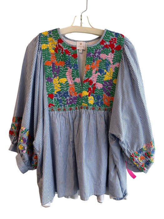 J. Marie Size XL Blue & Multi Cotton Balloon Sleeve Striped Embroidered Dress Blue & Multi / XL