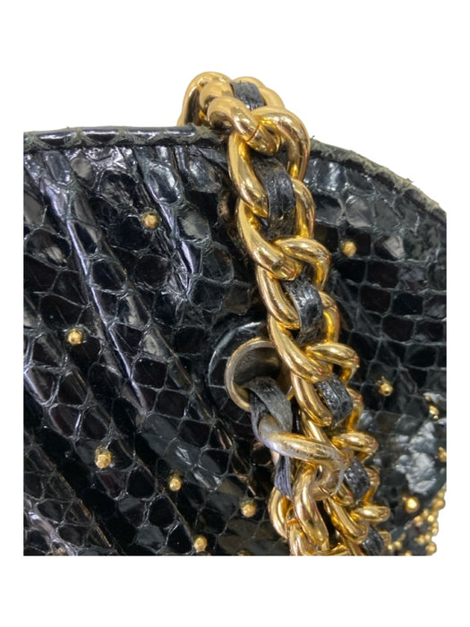 Judith Leiber Black & Gold Embossed Leather Crossbody gold strap Zip closure Bag Black & Gold / M