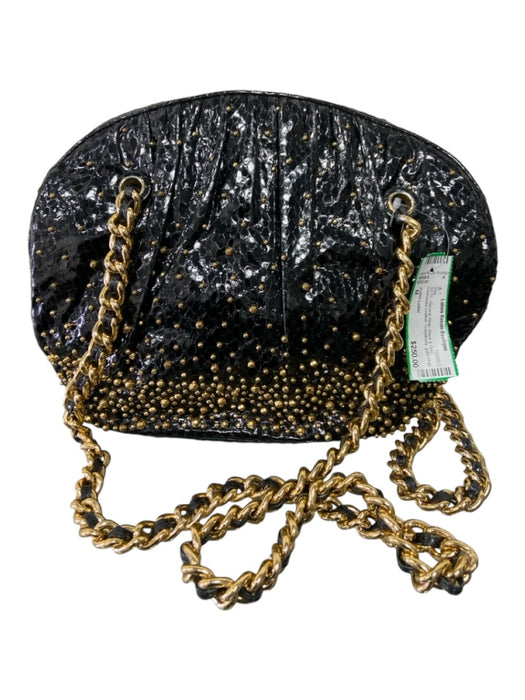 Judith Leiber Black & Gold Embossed Leather Crossbody gold strap Zip closure Bag Black & Gold / M