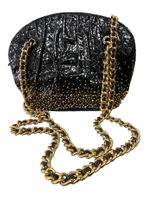 Judith Leiber Black & Gold Embossed Leather Crossbody gold strap Zip closure Bag Black & Gold / M