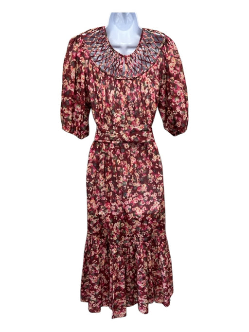 Merlette Size XS Pink, Green, Brown Cotton Short Puff Sleeve Lace Tiered Dress Pink, Green, Brown / XS