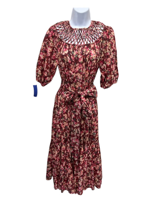 Merlette Size XS Pink, Green, Brown Cotton Short Puff Sleeve Lace Tiered Dress Pink, Green, Brown / XS