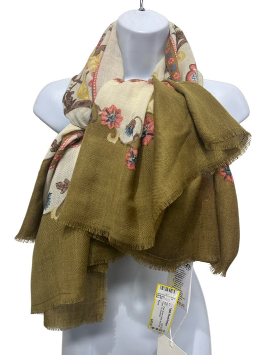 Sezane Green, Brown & Multi Wool Floral Frayed Trim scarf Green, Brown & Multi