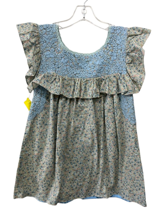 Mi Golondrina Size XS Blue, Green & Pink Cotton Floral Ruffle Cap Sleeve Top Blue, Green & Pink / XS