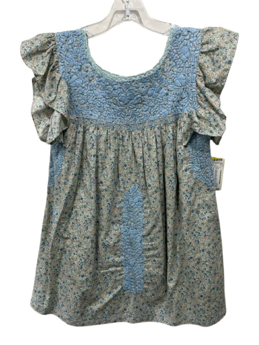 Mi Golondrina Size XS Blue, Green & Pink Cotton Floral Ruffle Cap Sleeve Top Blue, Green & Pink / XS