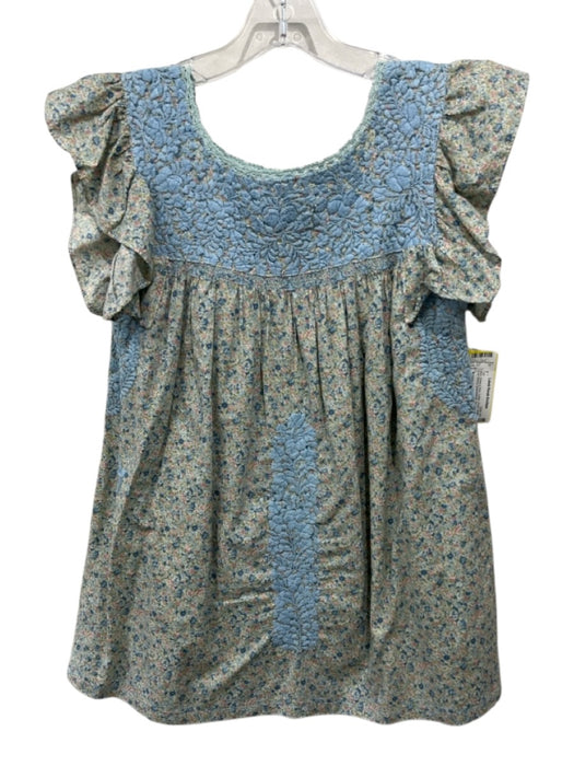 Mi Golondrina Size XS Blue, Green & Pink Cotton Floral Ruffle Cap Sleeve Top Blue, Green & Pink / XS