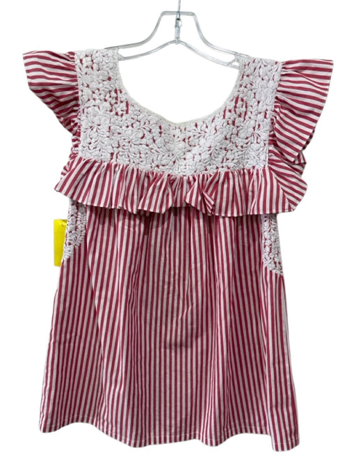 Mi Golondrina Size XS Red & White Cotton Striped Ruffle Cap Sleeve Square Top Red & White / XS