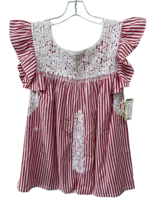 Mi Golondrina Size XS Red & White Cotton Striped Ruffle Cap Sleeve Square Top Red & White / XS