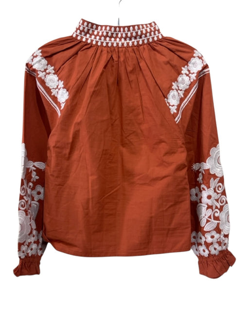 Julia Amory Size XS Orange & White Cotton Long Sleeve Stand Collar Flowers Top Orange & White / XS