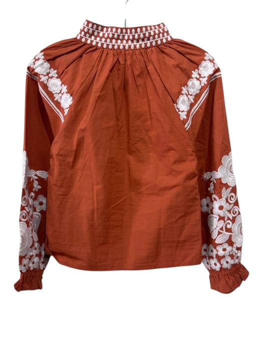 Julia Amory Size XS Orange & White Cotton Long Sleeve Stand Collar Flowers Top Orange & White / XS