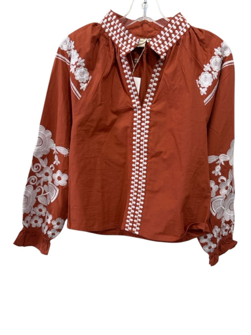 Julia Amory Size XS Orange & White Cotton Long Sleeve Stand Collar Flowers Top Orange & White / XS