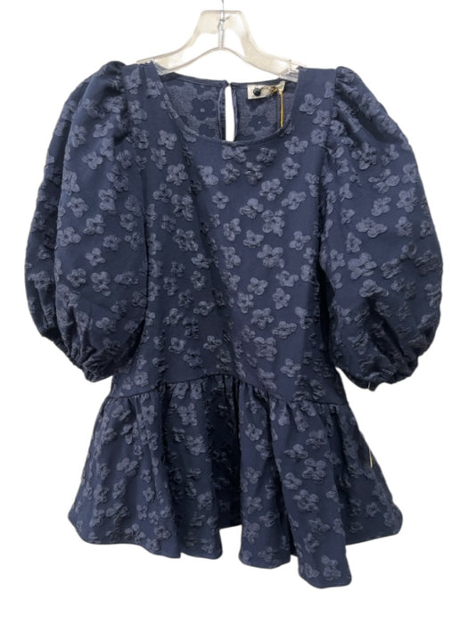 Stine Goya Size M Navy Blue Jacquard Floral Short Puff Sleeve Peplum Top Navy Blue / M