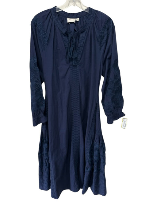 Julia Amory Size XS Navy Blue Cotton Long Sleeve Embroidered Flowers Midi Dress Navy Blue / XS
