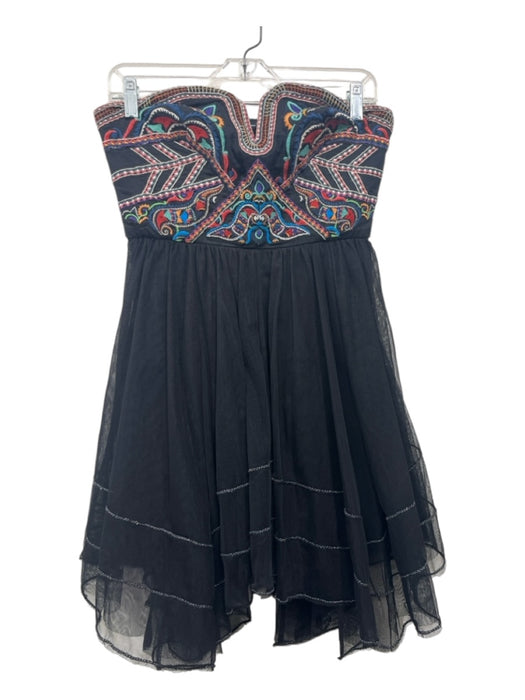 Free People Size 4 Black & Multi Cotton Sweetheart Neckline Mini Side Zip Dress Black & Multi / 4