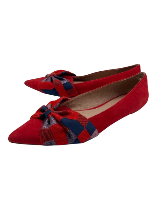 Anthropologie Shoe Size 8 Red & Blue Suede Pointed Toe Bow Plaid Flats Red & Blue / 8