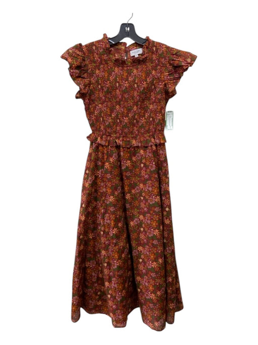 Olivia James Size S Red Print Cotton Floral smocked Maxi Back Keyhole Dress Red Print / S