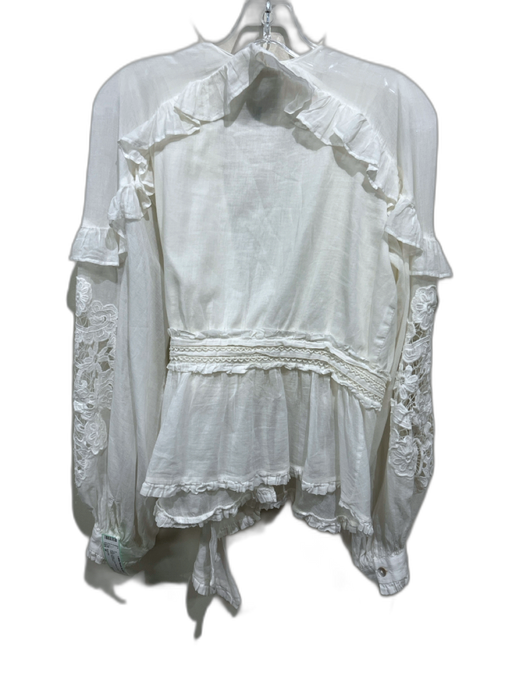 Farm Rio Size M White Cotton Long Sleeve Wrap Lace Detail Top White / M