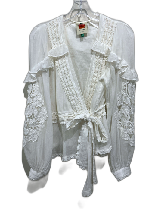 Farm Rio Size M White Cotton Long Sleeve Wrap Lace Detail Top White / M