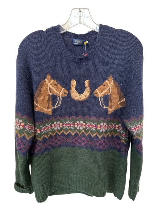 Polo Ralph Lauren Size M Navy & Green Wool & Alpaca Long Sleeve Horses Sweater Navy & Green / M