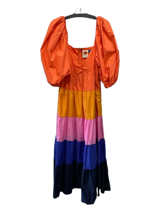 Farm for Anthropologie Size Large Orange, Pink, Blue Cotton V Neck Tiered Dress Orange, Pink, Blue / Large